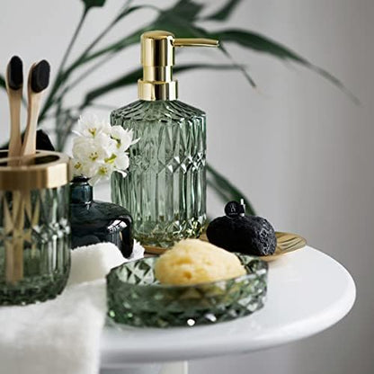 EMPO 6PCS Bathroom Clear Glass Accessories Set (Lotion Soap Dispenser, Soap Dish, Toothbrush Holder, Tumbler, Cotton Swab Jar), Contemporary Modern Decor Crystal Vintage Gift (6pcs Green)
