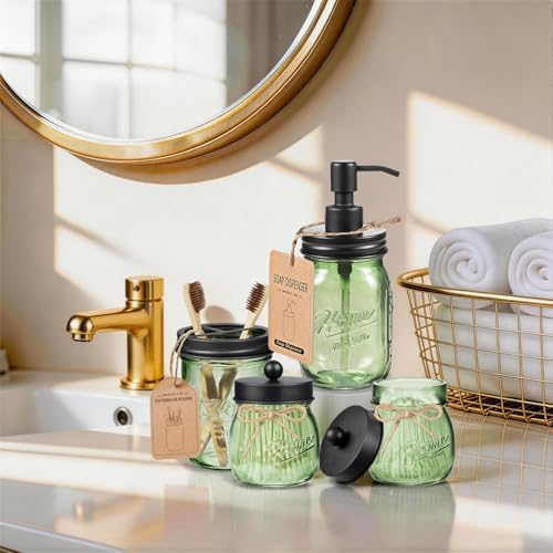 Amolliar 4PCS Bathroom Accessories Set, Green Glass Organizer Sets, Black