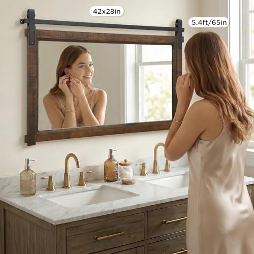 Besdomus Farmhouse Bathroom Vanity Mirror: 42"x28" Brown Rustic Barn Door
