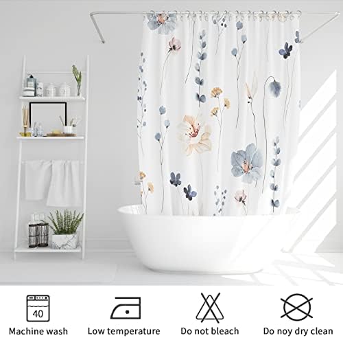Gibelle Blue Beige Watercolor Floral Fabric Shower Curtain, 72x72