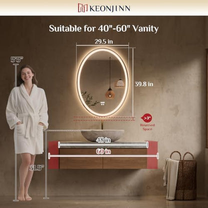 Keonjinn 40 x 30 Inch Oval LED Bathroom Mirror with Frontlit and Backlit