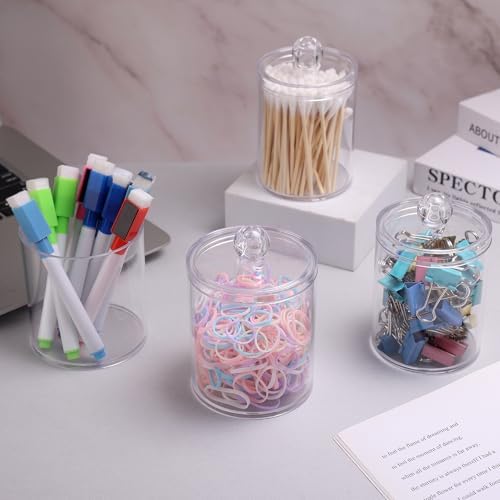 WEISHI 4 Pack Qtip Holder Dispenser - Cotton Ball, Swab, Round Pads, Floss , Small Clear Plastic Apothecary Jar Containers with Lids for Bathroom Storage and Organization, Vanity Organizer
