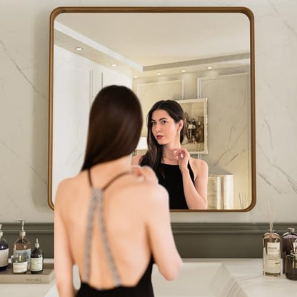 LOAAO 30X30 Bathroom Mirror, Wood Grain Colored Metal Frame