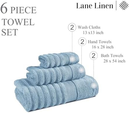 LANE LINEN Bath Towel Set 100% Cotton 6 Piece Soft Absorbent - Blue