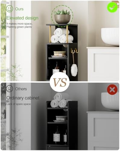 Bathroom Storage Cabinet,Small Corner Floor Cabinet with 2 Hook,Narrow Tall Toilet Paper Cabinet with Adjustable Shelves,Bathroom Organizer for Living Room,Small Spaces (Wave, Black-37''H)
