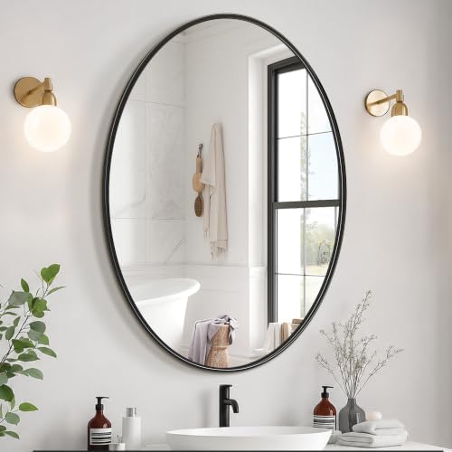Delma 32x24 Black Oval Bathroom Mirror for Over Sink, Aluminum Frame