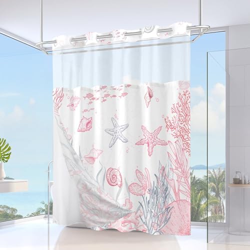 No Hook Shower Curtain and Liner Set, Pink Beach Coastal 71x84