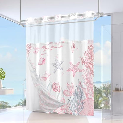 No Hook Shower Curtain and Liner Set, Pink Beach Coastal 71x84
