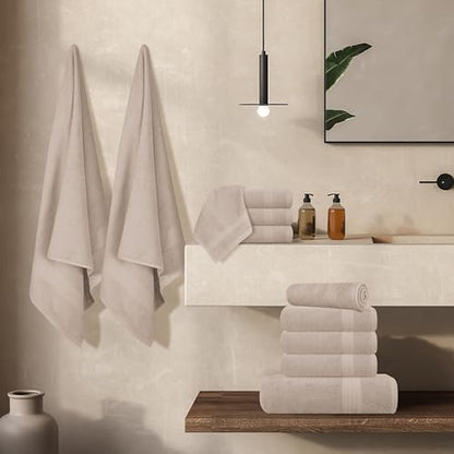 GLAMBURG Ultra Soft 24-Piece Towel Set - 100% Pure Ringspun Cotton, Contains 8 Oversized Bath Towels 27x54, 8 Hand Towels 16x28, 8 Wash Cloths 13x13 - Ideal for Everyday use, Hotel & Spa - Tan