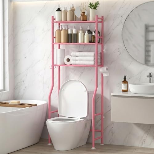 GloTika 3-Tier Over Toilet Storage, Anti-Tilt, 64" H, Pink