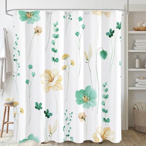 Gibelle Mint Green Beige Watercolor Floral Fabric Shower Curtain, 72x72