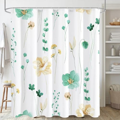 Gibelle Mint Green Beige Watercolor Floral Fabric Shower Curtain, 72x72