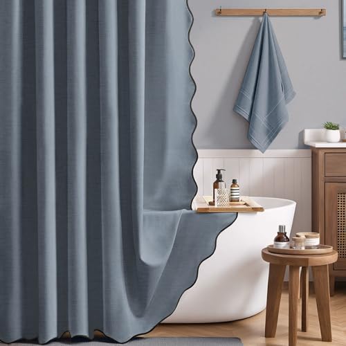 BTTN Blue Grey Boho Scalloped Linen Textured Cloth Shower Curtain, 72x72