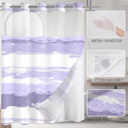 No Hook Shower Curtain with Liner, Purple Stripe, 71x74 Inch