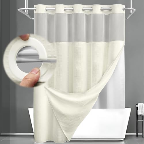 No Hook Shower Curtain with Liner Set Hotel Waffle Curtain Cream 72W X 75L
