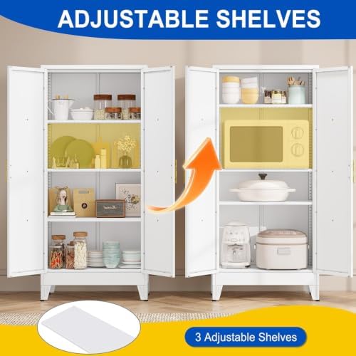 61" Metal Storage Cabinet with 2 Doors and 3 Adjustable Shelves,White Farmhouse Kitchen Pantry Cabinet,Steel Garage Tool Cabinet,File Cabinetfor Home,Office,Dinning Living Room,Warehouse