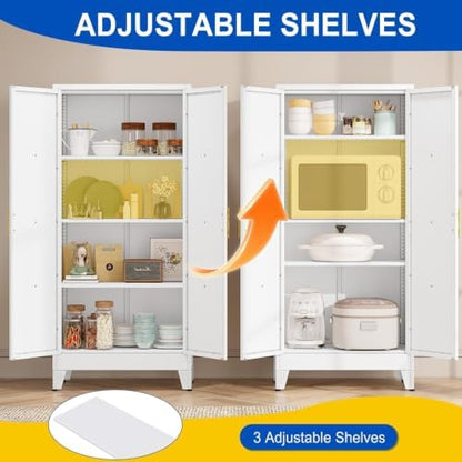 61" Metal Storage Cabinet with 2 Doors and 3 Adjustable Shelves,White Farmhouse Kitchen Pantry Cabinet,Steel Garage Tool Cabinet,File Cabinetfor Home,Office,Dinning Living Room,Warehouse