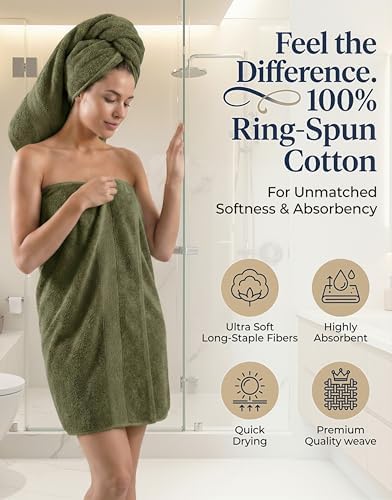 LANE LINEN Large Bath Towel Set Absorbent Quick Dry 100% Cotton - Oil Green