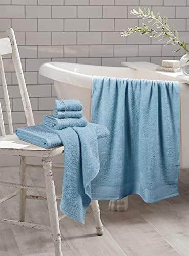 GLAMBURG 100% Cotton Ultra Soft 6 Pack Towel Set, Contains 2 Bath Towels 28x55 Inches, 2 Hand Towels 16x24 Inches & 2 Wash Coths 12x12 Inches, Compact Absorbent Lightweight & Quickdry - Sky Blue