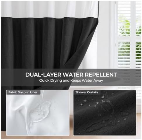 River Dream Linen Textured No Hooks Shower Curtain with Liner,Black,71x74