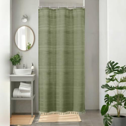 OVZME Sage Green Boho Stall Shower Curtain, Narrow Soft Fabric Striped Linen Textured Bathroom Shower Curtain with Tassel, Modern Farmhouse Machine Washable Bath Decor, 36Wx72L Inches