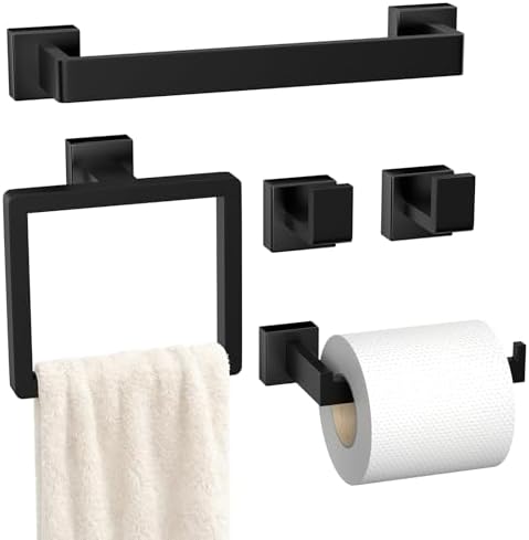5-Pieces Matte Black Bathroom Accessories Set, 16 Inch Bath Towel Bar Set