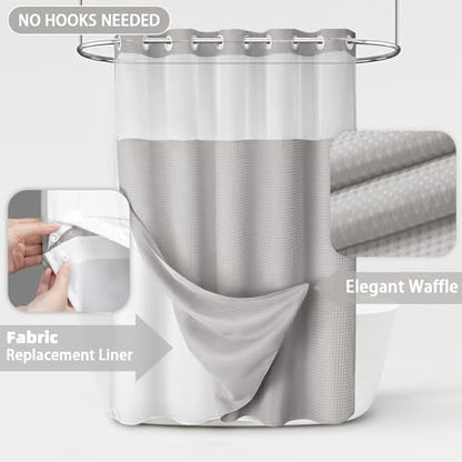 No Hook Shower Curtain with Liner Set Hotel Waffle Light Grey 72W X 81L