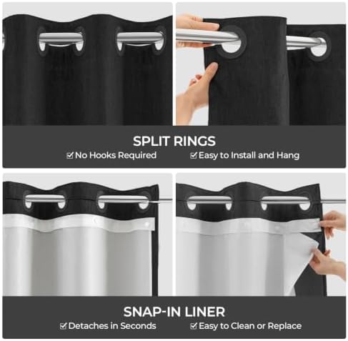 River Dream Linen Textured No Hooks Shower Curtain with Liner,Black,71x74