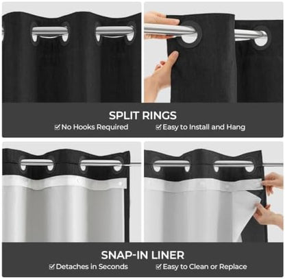 River Dream Linen Textured No Hooks Shower Curtain with Liner,Black,71x74