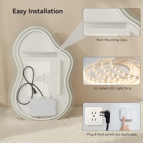 Irregular Wall Mirror 24 x 36 Inch, Lighted Mirrors for Bathroom Wall, Asymmetrical LED Mirror for Bathroom with Anit-Fog, Dimmable, Memory Function (Horizontal/Vertical)