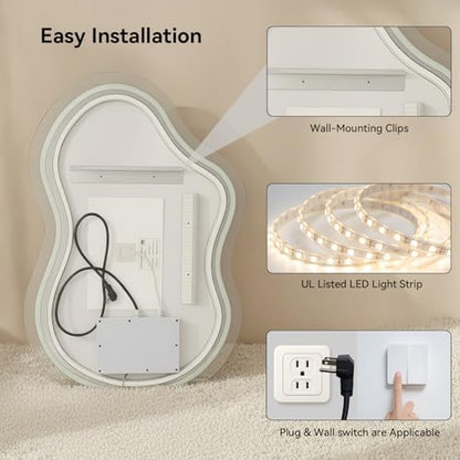 Irregular Wall Mirror 24 x 36 Inch, Lighted Mirrors for Bathroom Wall, Asymmetrical LED Mirror for Bathroom with Anit-Fog, Dimmable, Memory Function (Horizontal/Vertical)