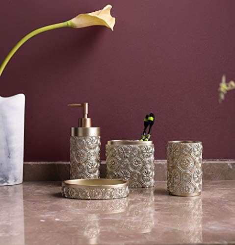 Hymmah Bathroom Accessories Set,Golden Design Toothbrush Holder,Farmhouse Bathroom Decor,4 Pcs Resin Gift Set Apartment Necessities, Contain Toothbrush Cup,Soap Dispenser,Soap Dish,Tumbler