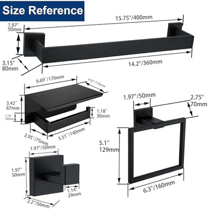 5 Pieces Bathroom Hardware Accessories Set Matte Black, 16Inch Square Towel Racks Set for Bathroom, SUS304 Stainless Steel Towel Bar Set, Toilet Paper Holder with Shelf Wall Mounted