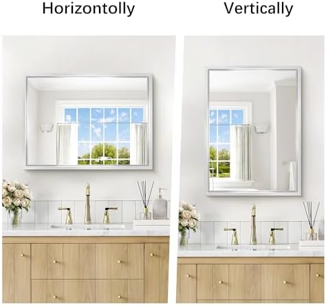 18 x 24 inch Brushed Silver Bathroom Mirror, Metal Framed Rectangle Mirror, 0.6" Thickened Deep Frame Mirrors for Living Room Bedroom Entryway, Tempered Glass, Antirust, Horizontal or Vertical