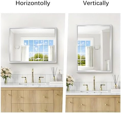 18 x 24 inch Brushed Silver Bathroom Mirror, Metal Framed Rectangle Mirror, 0.6" Thickened Deep Frame Mirrors for Living Room Bedroom Entryway, Tempered Glass, Antirust, Horizontal or Vertical