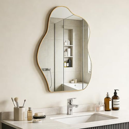 Irregular Asymmetrical Wall Mirror, 28x20 Inch Gold Bathroom Mirror