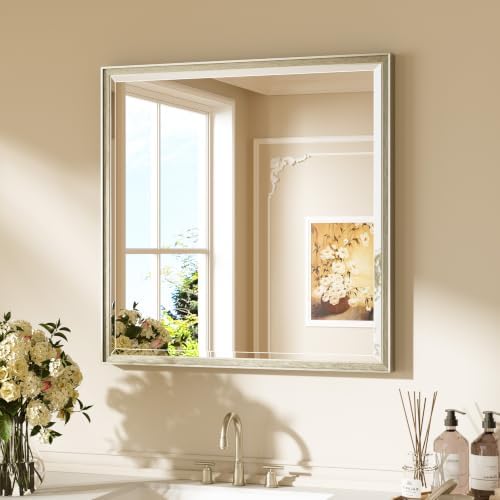 Keonjinn 30"x30" Square Brushed Nickel Bathroom Mirrors, HD Tempered Glass