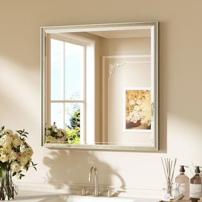 Keonjinn 30"x30" Square Brushed Nickel Bathroom Mirrors, HD Tempered Glass