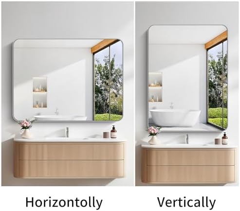 FORBATH 36x48 Inch Silver Bathroom Mirror for Over Sink, Large Rectangular Wall Mirror with Metal Frame, Rounded Corners for Bathroom, Bedroom, Entryway Decor (Horizontal or Vertical)