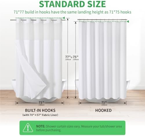 eachope No Hook Linen Texture Shower Curtain with Snap-in Liner,71x77 White