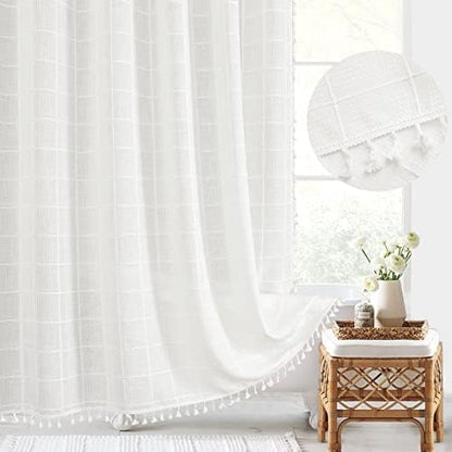 Gibelle White Boho Farmhouse Shower Curtain with Tassels, Rustic Cottagecore Aesthetic Bohemian Chic Modern Bathroom Decor Thick Waffle Textured Fabric Shower Curtain Set with Hooks, 72x72 | 320 GSM French Country Plaid Tassel Shower Curtain, Rustic Ae...