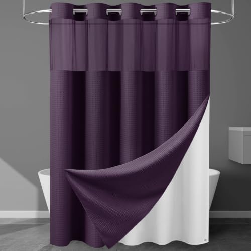 EUTXL Heavyweight Waffle No Hook Shower Curtain with Liner, Purple, 71x74