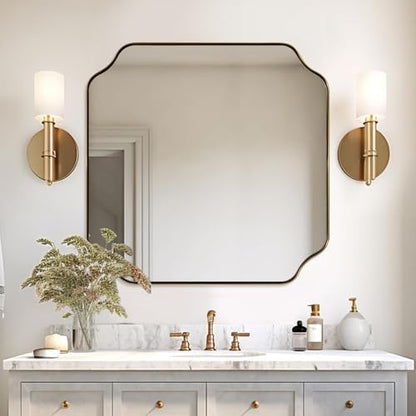 ANDY STAR Square Gold Vanity Mirrors, 24"x24" Brushed Brass Scalloped Bathroom Mirror, Antique Wall Mirror with Anti-Rust Stainless Steel Frame, Rounded Notched Corner Design Ideal for Home Deocr