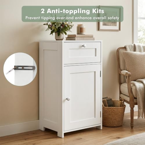 GIANTEX Floor Bathroom Storage Cabinet with Door and Drawer (White)