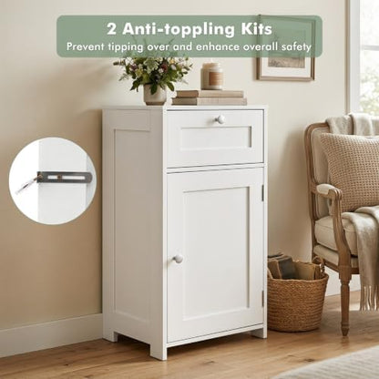 GIANTEX Floor Bathroom Storage Cabinet with Door and Drawer (White)