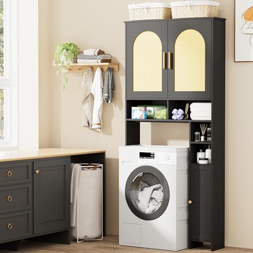 Homhedy Wooden Over The Toilet Storage Cabinet, Natural and Black