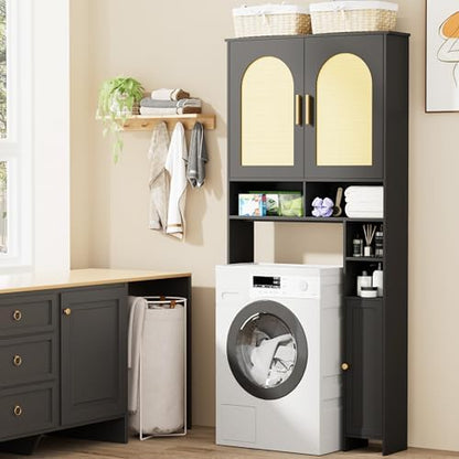 Homhedy Wooden Over The Toilet Storage Cabinet, Natural and Black