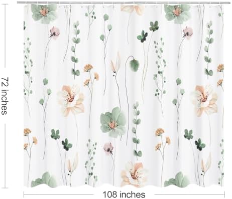 Gibelle Sage Green Beige Watercolor Floral Fabric Shower Curtain, 108x72