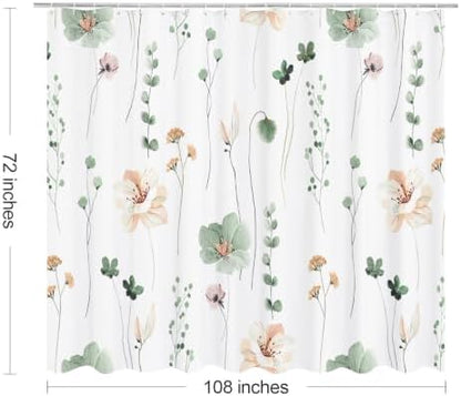 Gibelle Sage Green Beige Watercolor Floral Fabric Shower Curtain, 108x72