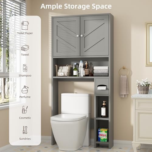 Shintenchi Over the Toilet Storage Cabinet, Bathroom Storage Cabient with Barn Doors, Bathroom Storage Shelf Organizer with Toilet Paper Holder, Adjustable Shelf and Anti-Tip Device, Gray